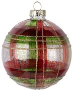 Červenozelená károvaná sklenená ozdoba gule - Ø 8*8 cm