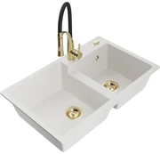 Mexen Tomas, 2-komorový granitový drez 800x500x190 mm a drezová batéria Aster, biela, 6516-20-73450-57-G
