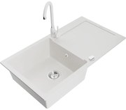 Mexen Leo, 1-komorový granitový drez s odkvapkávačom 90x50 cm a kuchynskou batériou Telma, biela, 6501-20-670200-20
