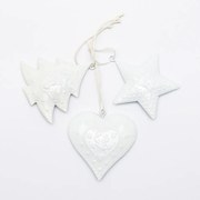 DECOLED Závěsná kovová dekorace, set: hvězda, strom, srdce 7x7x1,2 cm