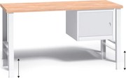 Výškovo nastaviteľný pracovný stôl do dielne G3 so závesnou skrinkou na náradie, buková škárovka, 1500 x 685 x 840 - 1050 mm, sivá