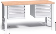 Výškovo nastaviteľný pracovný stôl do dielne G3 s 2 závesnými boxami na náradie, buková škárovka, 6 zásuviek, 1700 x 685 x 840 - 1050 mm, sivá