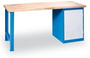 Dielenský pracovný stôl GD, buková škárovka, pevná noha + zásuvková dielenská skrinka na náradie, 1700 x 800 x 850 mm, modrá