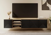 Závesná TV skrinka Asha 200 cm s ryhovaným čelom a otvorenou poličkou - artisan / čierny mat
