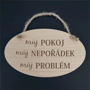 AMADEA Drevený ovál s nápisom Moja izba, môj neporiadok, môj problém, masívne drevo, 20x12 cm