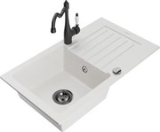 Mexen Pablo granitový jednokomorový drez s odkvapkávačom a kuchynskou batériou Carla, Biela - 6510-20-670700-70
