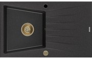 Mexen Cesar granitový jednokomorový drez s odkvapkávačom 775 x 470 mm, Čierna/Strieborná metalíza, Sifón Zlatá - 6514771010-73-G