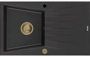 Mexen Cesar granitový jednokomorový drez s odkvapkávačom 775 x 470 mm, Čierna/Strieborná metalíza, Sifón Zlatá - 6514771010-73-G