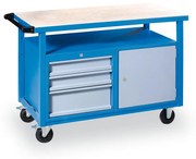 Pojazdný pracovný stôl do dielne GD, smrek + buková preglejka, 3 zásuvky, 1 skrinka, 1190 x 600 x 850 mm, modrá