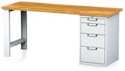 Dielenský pracovný stôl MECHANIC I, pevná noha + dielenský box na náradie, 4 zásuvky, 2000 x 685 x 880 mm, sivé dvere