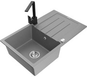 Mexen Bruno, drez granitový 795x495x200 mm, 1-komorový, šedá s chrómovým sifónom a čierna drezová batéria Rita, 6513-71-670300-70