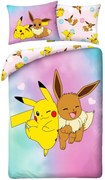 Obojstranné posteľné obliečky z mikrovlákna Pokémoni – motív Pikachu a Eevee - 70 x 90 cm + 140 x 200 cm - zipsové zapínanie