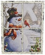 Nástenná maľba Snehuliak v okne, 3 LED diódy, 49 x 38,5 cm