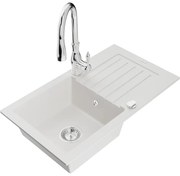 Mexen Pablo, 1-komorový granitový drez 752x436x161 mm a drezová batéria Savita, biela, 6510-20-672601-00
