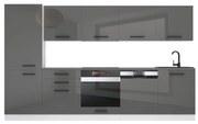 Kuchynská linka Belini Premium Full Version 300 cm šedý lesk s pracovnou doskou ROSE