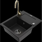 Mexen Enzo granitový jednokomorový drez s odkvapkávačom a kuchynskou batériou Telma, Čierna - 6506-77-670200-50-B