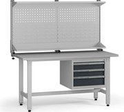 Výškovo nastaviteľný dielenský stôl G5 s nadstavbou, 1500 x 750 x 800-1000 mm, 1x kontajner, 3 zásuvky, grafit
