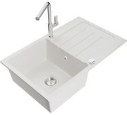 Mexen Bruno, 1-komorový granitový drez 795x495x200 mm a drezová batéria Flora, biela, 6513-20-670401-00