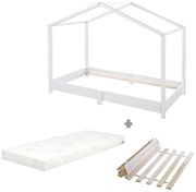 Biela domčeková detská posteľ z masívneho dreva s matracom/s roštom 70x140 cm – Roba