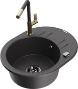 Mexen Kevin granitový jednokomorový drez s odkvapkávačom a kuchynskou batériou Flora, Čierna škvrnitá - 6517-76-670401-57-B