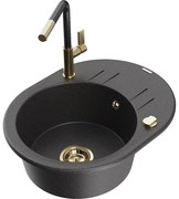 Mexen Kevin, 1-komorový granitový drez 586x458x190 mm a drezová batéria Flora, čierna škvrnitá, 6517-76-670401-75-G