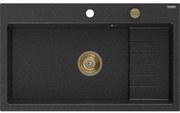 Mexen Omar, 1-komorový granitový drez 800x480x210 mm, čierna-strieborná metalíza, zlatý sifón, 6520801005-73-G