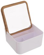 Kozmetický úložný box, biely s bambusovým vekom, so zrkadlom, šperkovnica WHITNEY