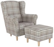 Kreslo (ušiak) s taburetkou Astrid - buk / hnedá károvaná