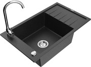 Mexen Elias granitový jednokomorový drez s odkvapkávačom a kuchynskou batériou Telma, čierna/strieborná - 6511-73-670200-00