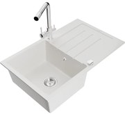 Mexen Bruno, 1-komorový granitový drez s odkvapkávačom 795x495x200 mm a chrómová batéria Duero, biela, 6513-20-671600-00
