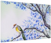Obraz - Vtáčik na strome s modrými kvetmi (90x60 cm)