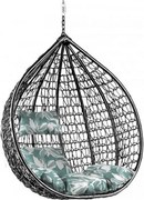 Čierne závesné kreslo KOKON bez stojana, zeleno-biely vankúš