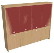 Vysoká skriňa Verno 248 x 46 x 210 cm, kombinované dvere, dub svetlý / červená