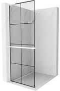 Mexen Kioto+ L, sprchová zástena Walk-In s poličkou a vešiakom 70 x 200 cm, 8mm číre sklo čierny vzor, biely profil, 800-070-123-20-77