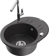 Mexen Kevin granitový jednokomorový drez s odkvapkávačom a kuchynskou batériou Flora, Čierna škvrnitá - 6517-76-670401-00