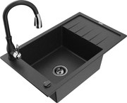 Mexen Elias granitový jednokomorový drez s odkvapkávačom a kuchynskou batériou Savita, Čierna/Strieborná metalíza- 6511-73-67260