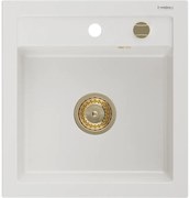 Mexen Vito, granitový drez 520x490x210 mm, 1-komorový, biela so zlatým sifónom, 6503521000-20-G