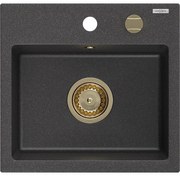 Mexen Milo, granitový drez 435x410x171 mm, 1-komorový, čierna škvrnitá so zlatým sifónom, 6505441000-76-G