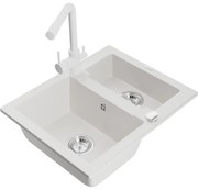 Mexen Carlos, 1,5-komorový granitový drez 582x475x177 mm a drezová batéria Duero, biela, 6518-20-671600-20