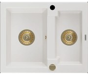 Mexen Carlos granitový 1,5-komorový drez 582 x 475 mm, Biela, Sifón Zlatá - 6518581500-20-G