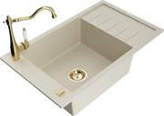 Mexen Elias granitový jednokomorový drez s odkvapkávačom a kuchynskou batériou Carla, Béžová - 6511-69-670700-50