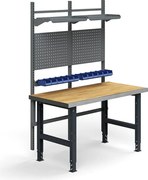 Dielenský stôl TRUST, panel na náradie, plastové boxy, police, 1500x760 mm, povrch z dubového dreva