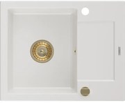 Mexen Enzo, granitový drez 576x465x174 mm, 1-komorový, biela so zlatým sifónom, 6506571005-20-G