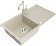 Mexen Leo, granitový drez 900x500x190 mm, 1-komorový a drezová batéria Carla, béžová, 6501-69-670700-69