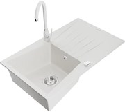 Mexen Cesar, 1-komorový granitový drez s odkvapkávačom 78x47 cm a kuchynskou batériou Telma, biela, 6514-20-670200-20