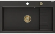 Mexen Omar, 1-komorový granitový drez 800x480x210 mm, čierna-zlatá metalíza, zlatý sifón, 6520801005-75-G