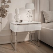 NOČNÝ STOLÍK NESSIE BIELY LESK + STRIEBORNÝ PODSTAVEC