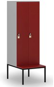 Drevená šatníková skrinka S4 s lavičkou, 2 oddiely, 1871 x 600 x 500/800 mm, demont, otočný zámok, sivá / červená