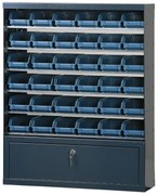 Závesný regál s plastovými boxmi BASIC a priehradkou, 36 boxov