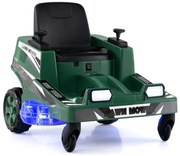 12V kosačka na trávu s dvojitými ovládacími pákami, LED svetlami a funkciou otáčania a cúvania, zelená